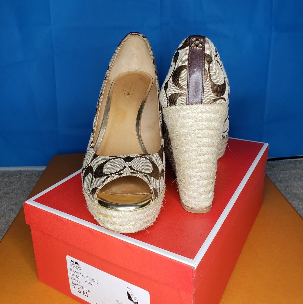 Authentic COACH Khaki Canvas Peep Toe Wedges